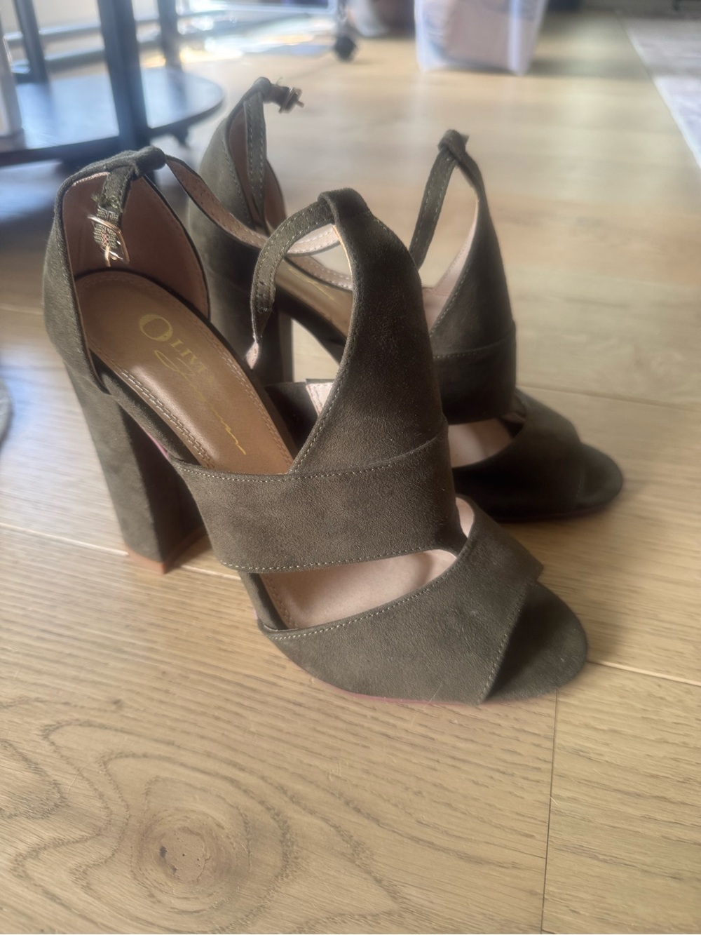 Olivia Miller Dark Olive Suede Chunky Heel Sandals